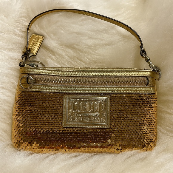 Coach Poppy Metallic Gold Sequin Wristlet with leather trim. EUC - Picture 1 of 12